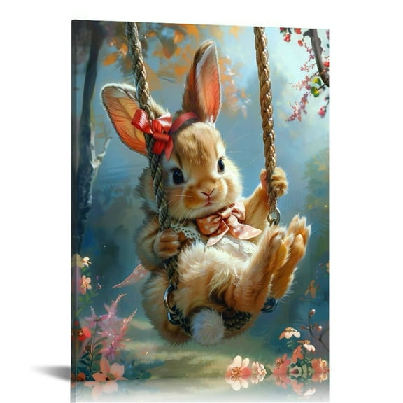 Whimsical Easter Bunny Canvas Poster - Vintage Spring Decor, Framed Wall Art with Colorful Floral Design for Living Room, Bedroom, Home Office - Cartoon Style, Indoor Use