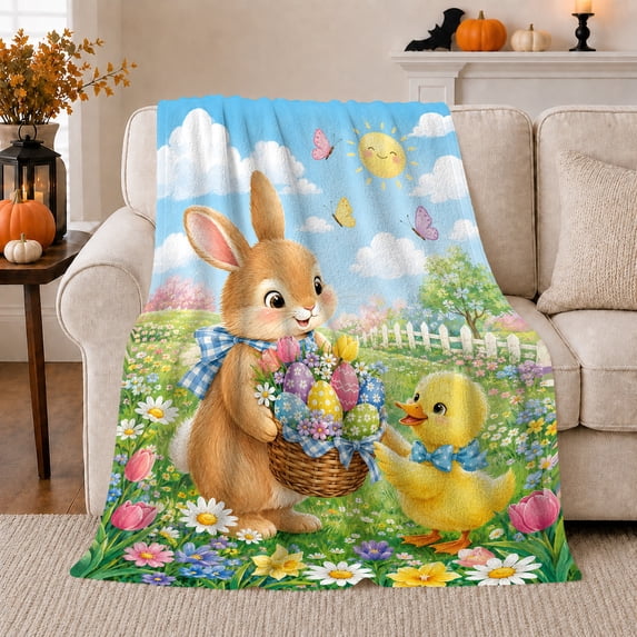 Whimsical Easter Bunny Colorful Eggs Duckling Spring Garden, Playful Woodland Scene, Warm Flannel Blanket for Sunroom and Reading Nook, Wildlife Lovers Easter Gift, Festive Home Decor