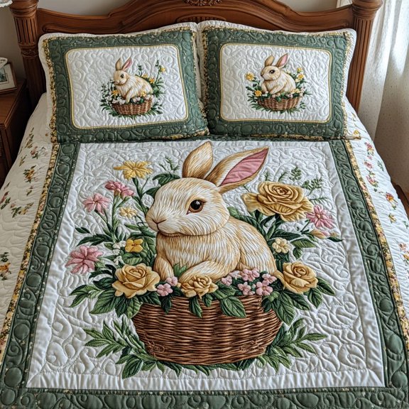 Whimsical Easter Bunny Decorative 3-Piece Quilted Bedding Set