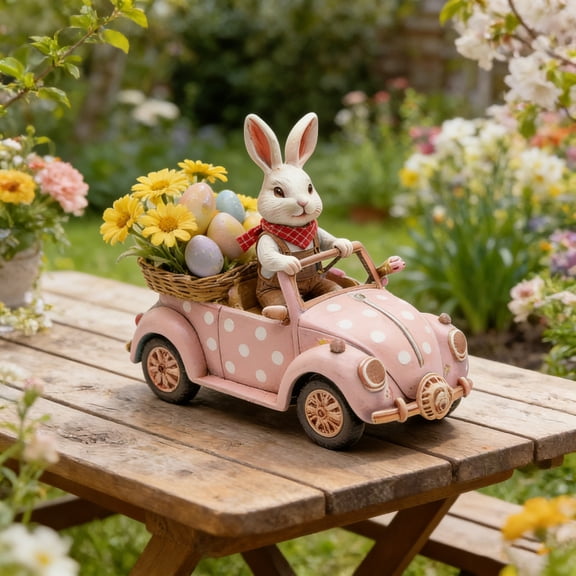 Whimsical Easter Bunny Driving Car Acrylic Tabletop Decor With Flowers And Eggs, Spring Holiday Centerpiece For Living Room Or Patio, 5.4 By 7.9 Inch Display, Durable Clear Acrylic, Gift Ready