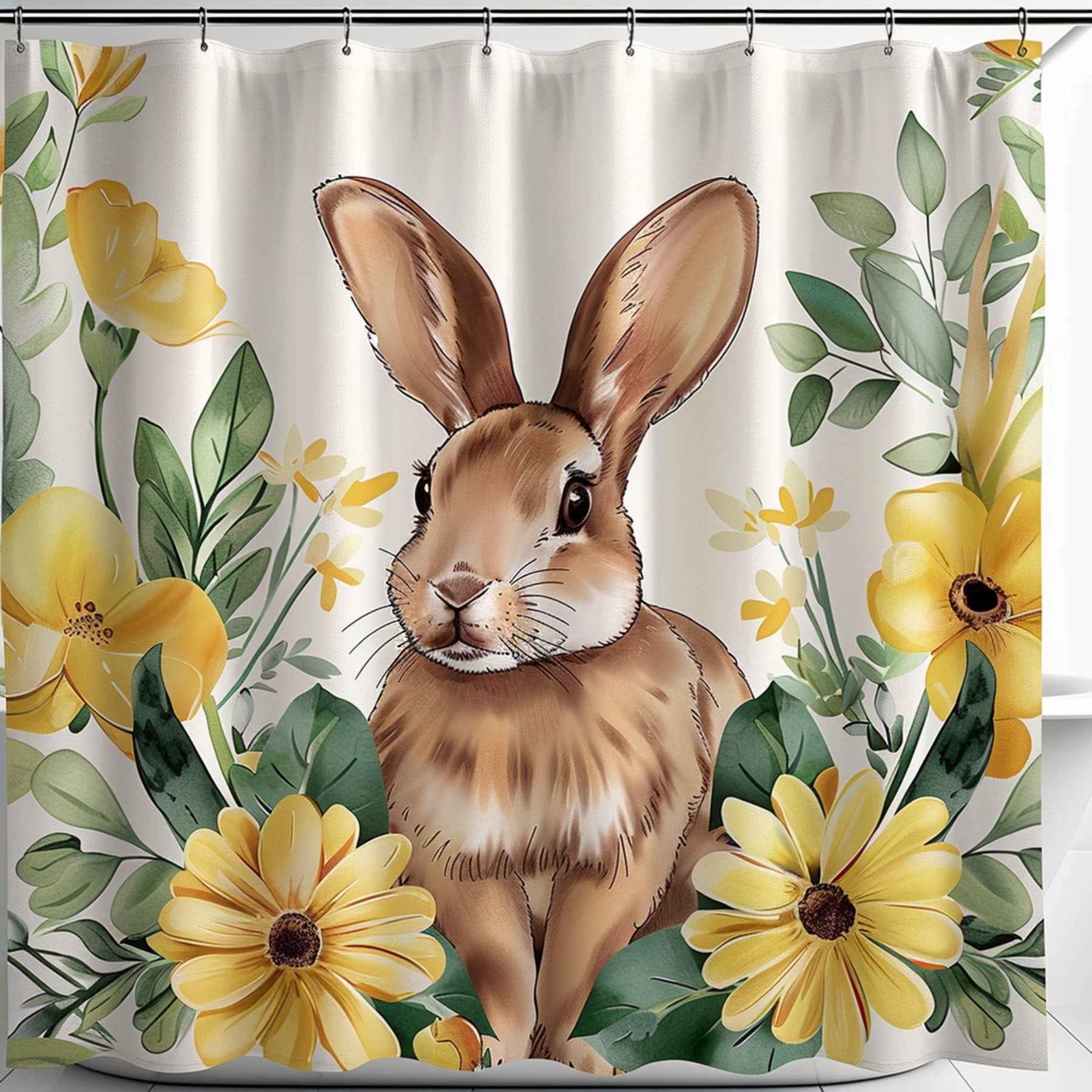 Cute Easter Bunny Floral Shower Curtain - Waterproof Fabric Bathroom Decor 72x72 Inches With Hooks