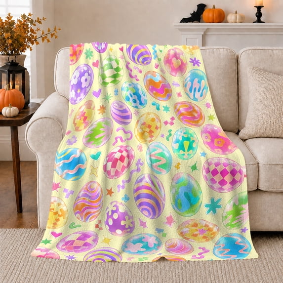 Whimsical Easter Eggs Autumn Pumpkins, Playful Botanical Garden Scene, Warm Flannel Blanket for Sunroom and Reading Nook, Celestial Art Lovers Easter Gift, Festive Home Decor