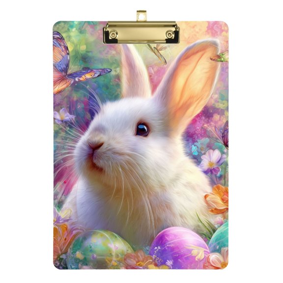 Whimsical Easter Eggs with Rabbit Butterflies Acrylic Clipboard Drawing Board with Hook Writing Pad File Storage A4 Size Gold 12.5" x 9"