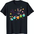 thumbnail image 1 of Whimsical Easter Graphic Black T-Shirt with Colorful Eggs & Flowers, 1 of 5