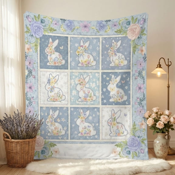 Whimsical Easter Quilt Blanket - Artistic Floral Rabbit Fleece Throw, Aesthetic Spring Blue Home Decor for Sofa & Bed, Professional Multi-Size Holiday Gift for Adults(Blue, XXL)