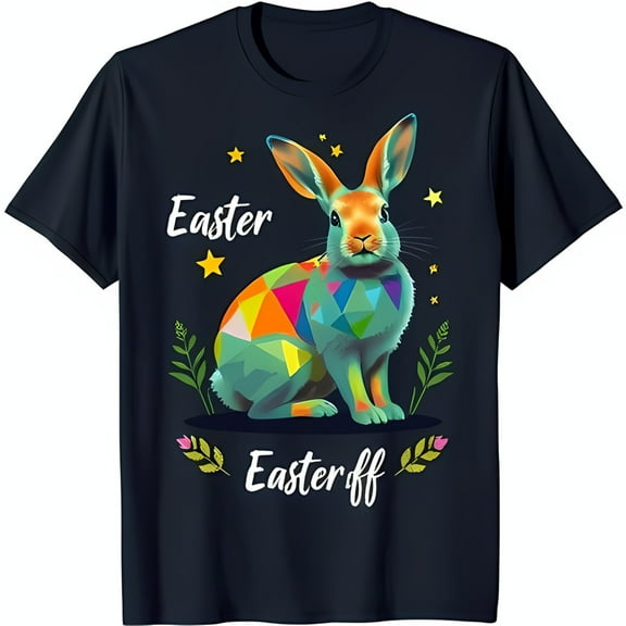 Whimsical Easter T-Shirt with Colorful Geometric Design on Blue