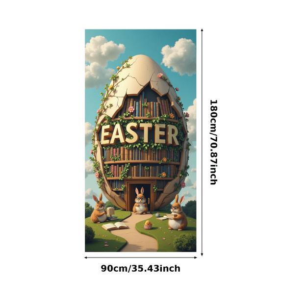 Whimsical Easter Themed Egg Shaped Banner with Book Shelf Design Bunnies and Floral Elements Party Backdrop Easter Decoration Photography Props Easter Party Decorations