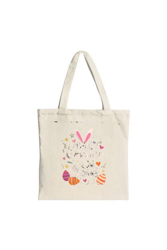 Whimsical Easter Tote Bag - Cream Canvas with Colorful Eggs Stars Hearts & Playful - Perfect for Shopping Travel & Parties