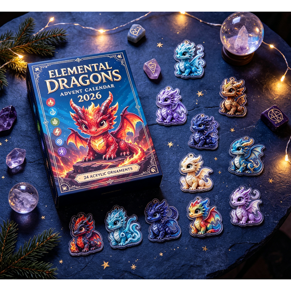 Whimsical Elemental Dragons Advent Calendar 24 Pcs 2D Acrylic Ornaments Christmas Countdown Decor Kit for Xmas Tree Table Shelf Mantel Indoor Household Display