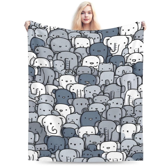 Whimsical Elephant Doodle Throw Blanket, Artistic Graphic Pattern Soft Flannel Fleece Cover 50x40