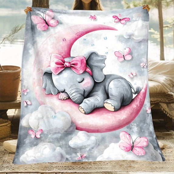 Whimsical Elephant & Moon Design Flannel Throw Blanket, Soft & Lightweight Polyester, Machine Washable, Vibrant Colors, Perfect for Couch, Bed, Travel, Camping, All-Season Cozy Goodnight Blanket