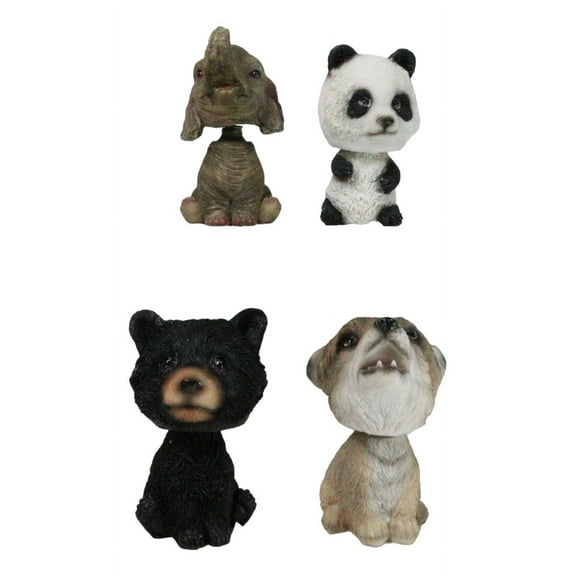 Whimsical Elephant Panda Black Bear And Wolf Set Of 4 Mini Bobblehead Figurines