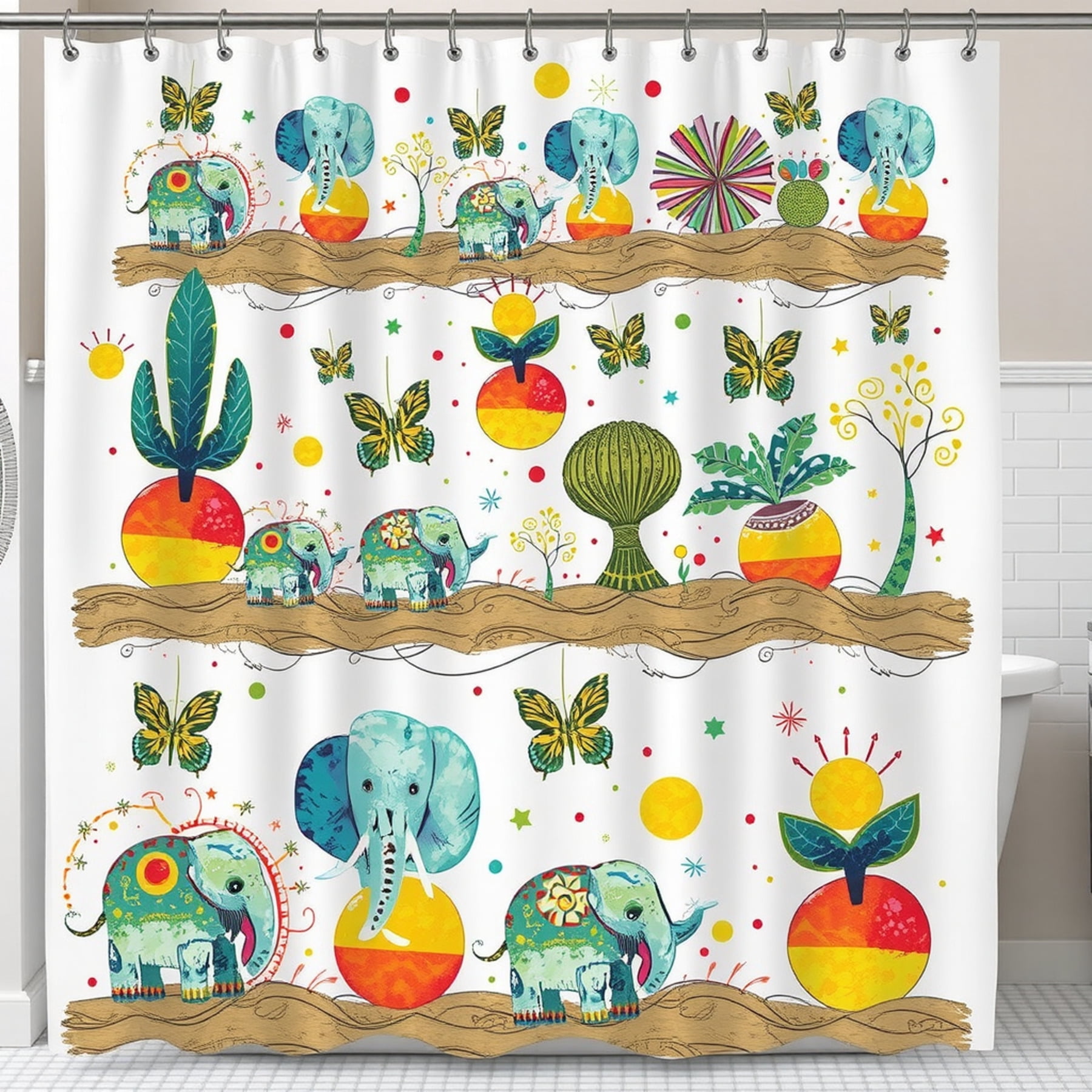 Whimsical Elephant Shower Curtain - Colorful Spheres, Trees