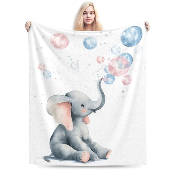 Whimsical Elephant Watercolor Bubble Throw Blanket, Soft Flannel Fleece Artistic Home Decor 50x40