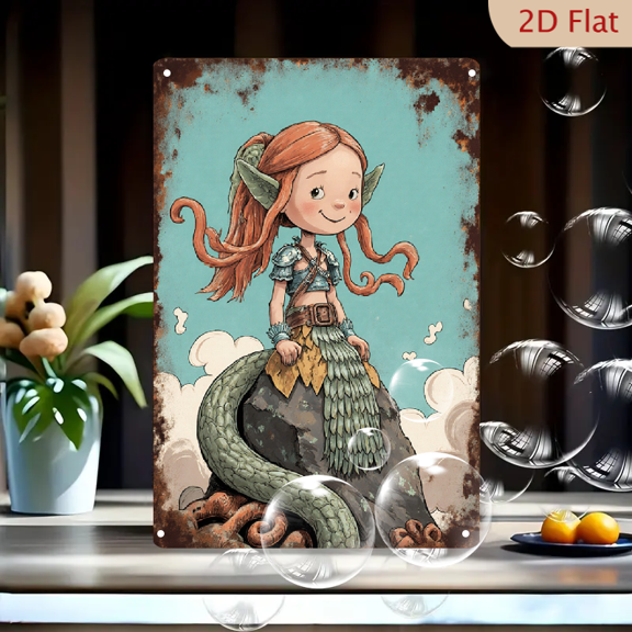 Whimsical Elf Girl with Serpent Tail Fantasy Wall Art, 8x12 Inch Vintage Rustic Metal Sign Print on Weathered Background for Home Decor