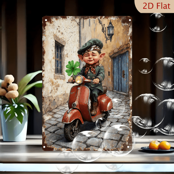 Whimsical Elf on Vintage Red Scooter with Clover, Irish Folklore Fantasy Art, 8x12 Inch Metal Wall Decor, Rustic Cobblestone Alley Scene, St. Patrick's Day Gift