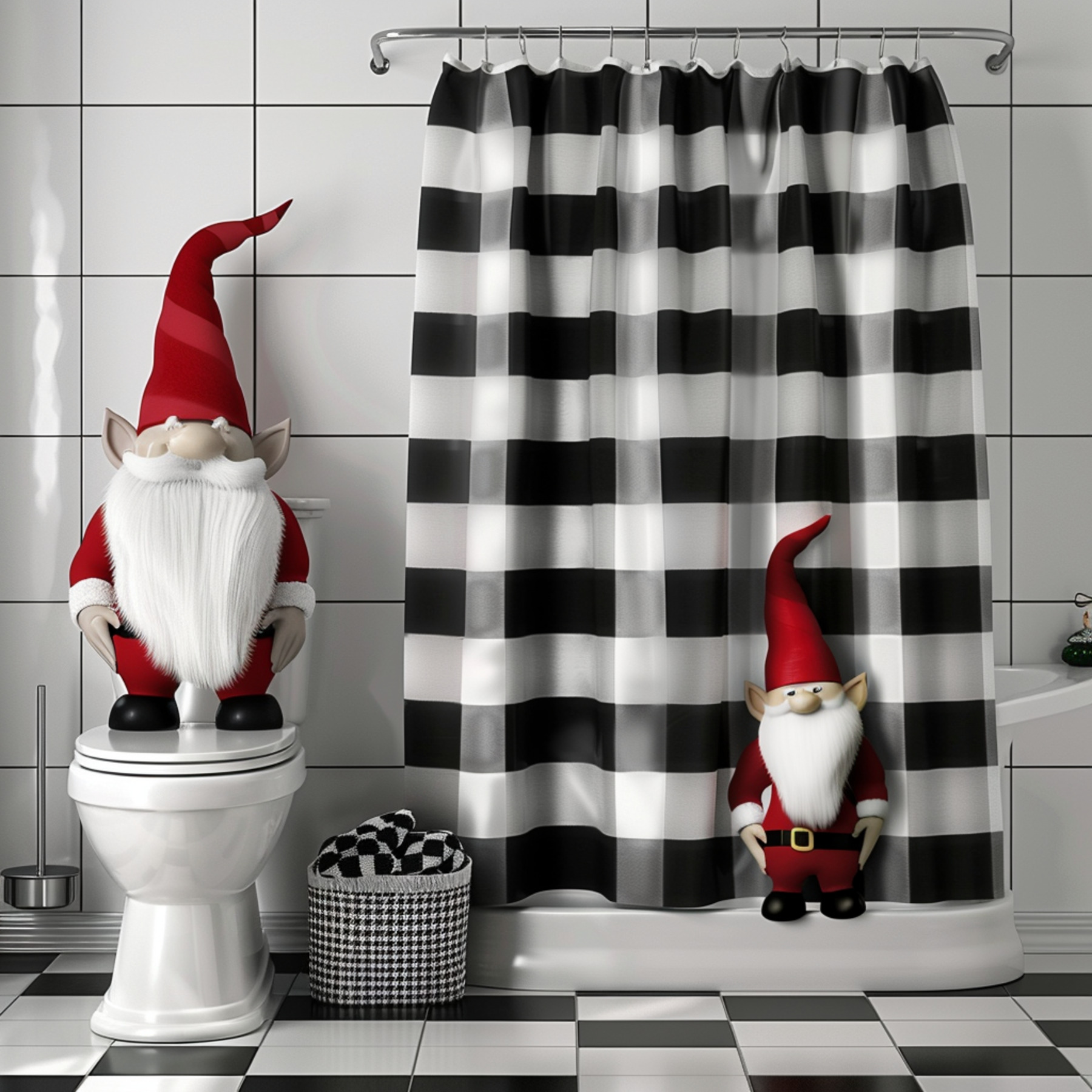 Whimsical Elf in Black Plaid PixarStyle Christmas Shower Curtain for a