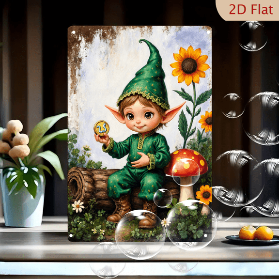 Whimsical Elf in Green Garden with Red Mushroom and Sunflowers, 8x12 Inches Fantasy Folklore Wall Art Metal Tin Print for Kids Room Nursery Decor