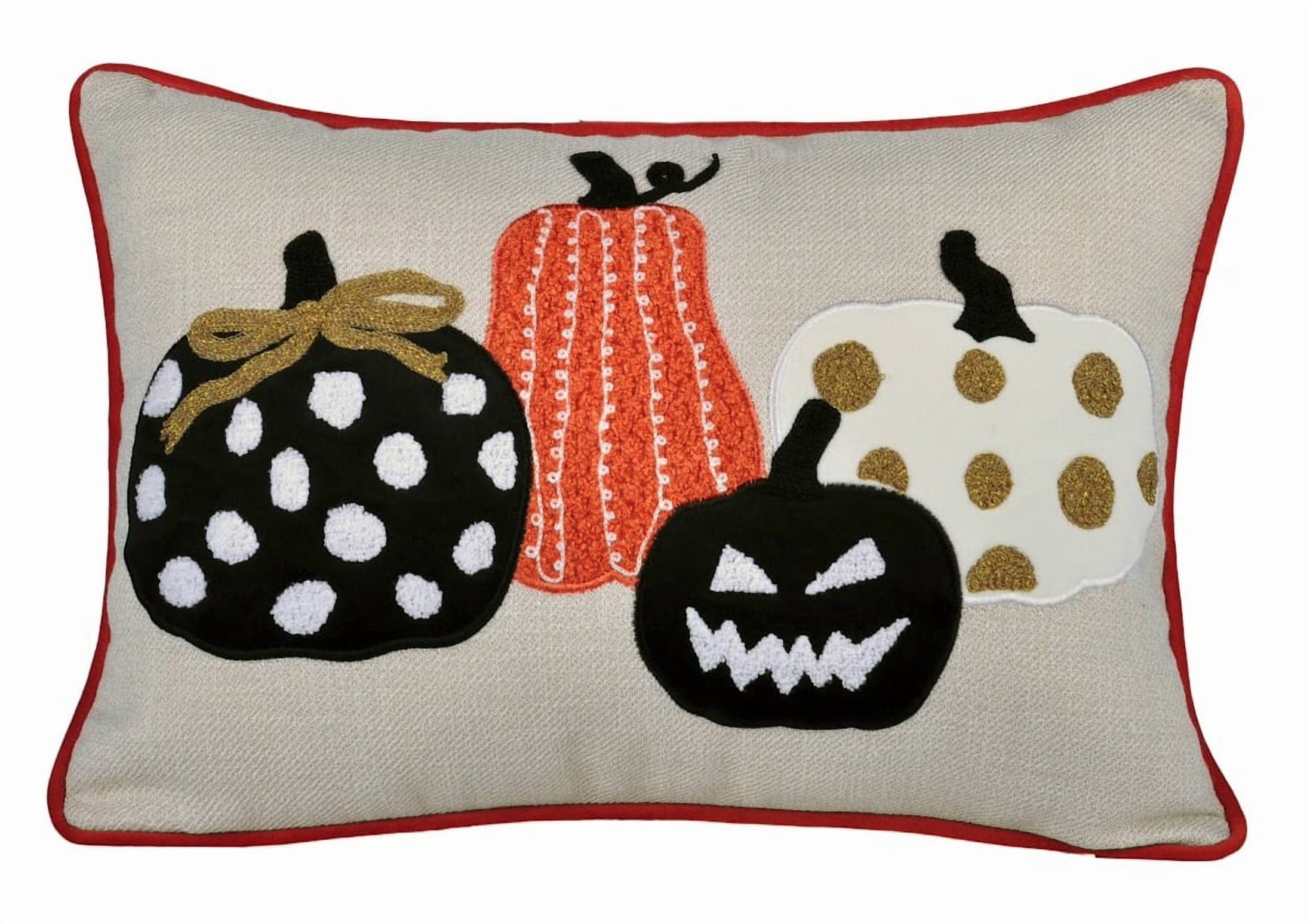 Whimsical Embroidered Pumpkin Throw Pillow 14x20 Inch Linen-Blend with Red Piping for Sofa Bed Halloween Decor