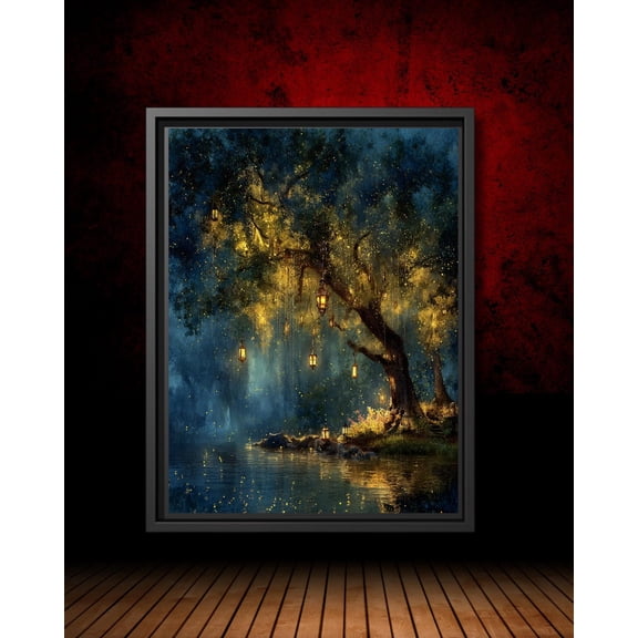 Whimsical Enchanted Willow Tree Art Poster Glowing Lanterns And Fireflies Under Midnight Sky, Fantasy Forest Artwork, Moody Dark Cottagecore, Unframed Poster Size 24x36