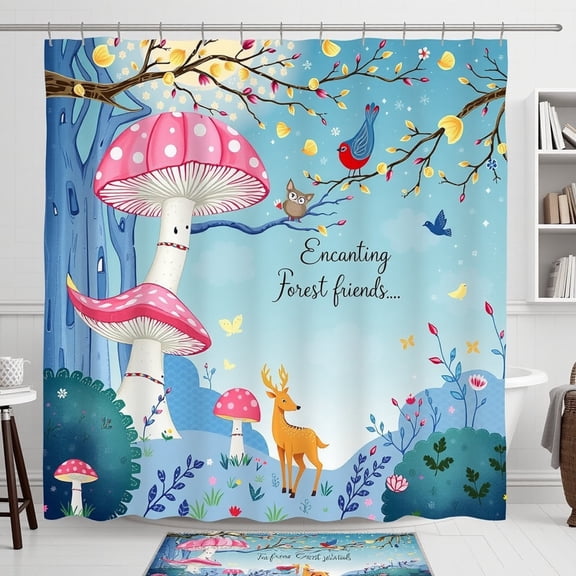 Whimsical Enchanting Forest Shower Curtain with Toadstools, Deer & Birds