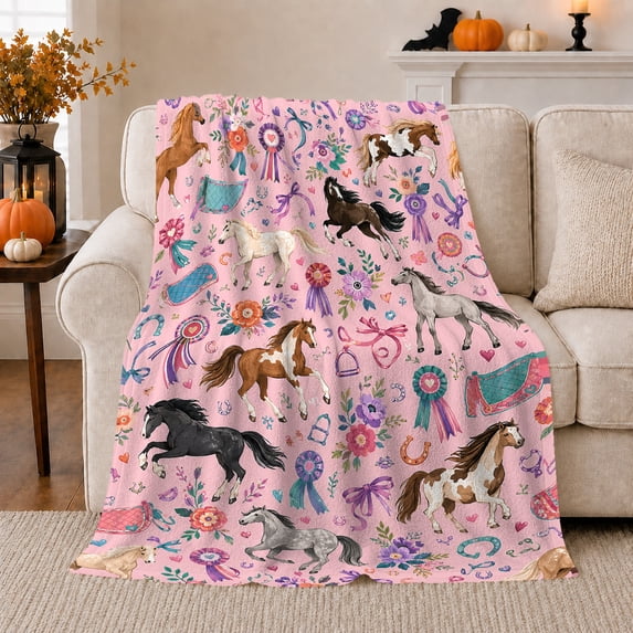 Whimsical Equestrian Horse Flower Watercolor, Rustic Farmhouse Horse Scene, Warm Flannel Blanket for Ranch House and Living Room, Horse Lovers Housewarming Gift, Rustic Home Decor