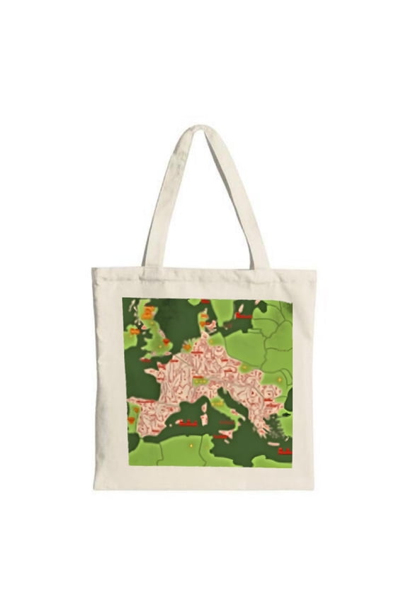 Whimsical Europe Map Tote Bag - Colorful Canvas Perfect for Travel & Shopping Features Landmarks & Cultural Elements in Green & Red