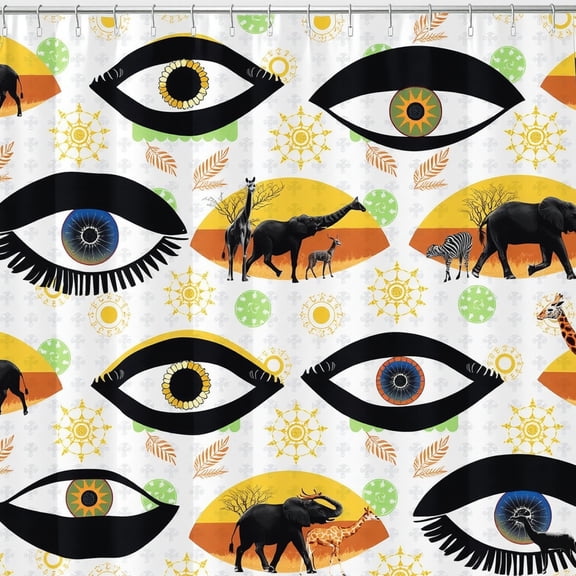 Whimsical Eye Pattern Shower Curtain with African Animal Silhouettes