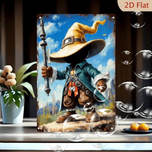 Whimsical Faceless Wizard with Yellow Hat and Teal Coat, 8x12 Inches Metal Wall Art Print for Home Decor, Vibrant Fantasy Character Painting on Rocky Ledge