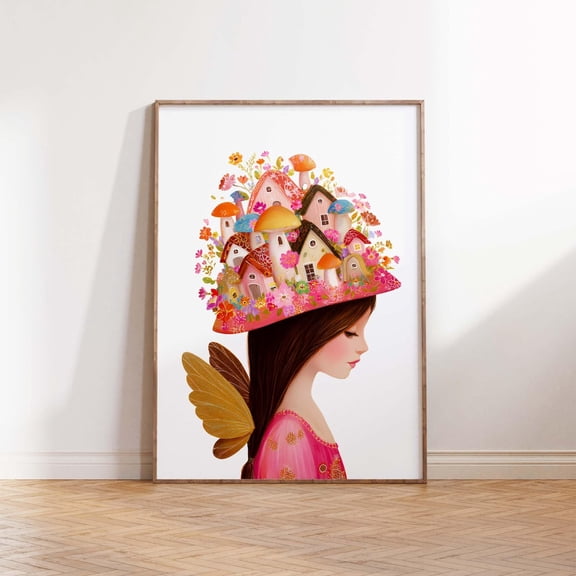 Whimsical Fairy Girl Art Print, Mushroom Hat, Floral Cottagecore Home Decor #282, Stretched Canvas Size 12x18
