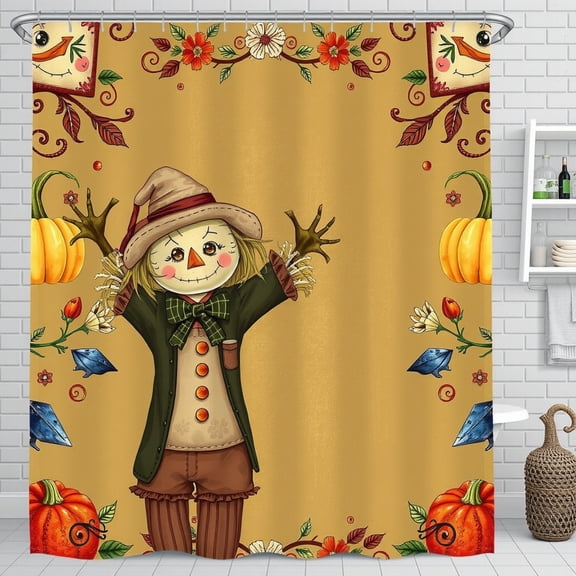 Whimsical Fall Scarecrow Shower Curtain with Colorful Flowers & Pumpkins