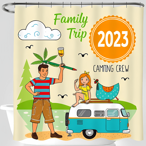Whimsical Family Camping Trip Shower Curtain - 2023 Adventure Design with Vintage Cartoon Dad & Fun Illustrations