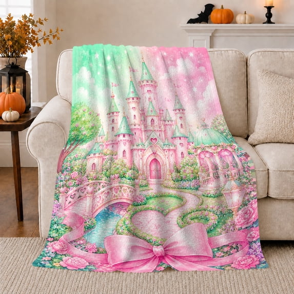 Whimsical Fantasy Castle Scene Pink Bow Heart Accents, Mystical Botanical Garden Scene, Warm Flannel Blanket for Sunroom and Reading Nook, Garden Lovers Valentine's Day Gift, Fantasy Home Decor