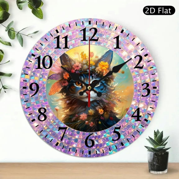 Whimsical Fantasy Cat Wall Clock with Floral Crown and Butterfly Wings Design, Round 10x10 Inch Decorative Quartz Clock for Living Room, 1pc, Battery Not Included