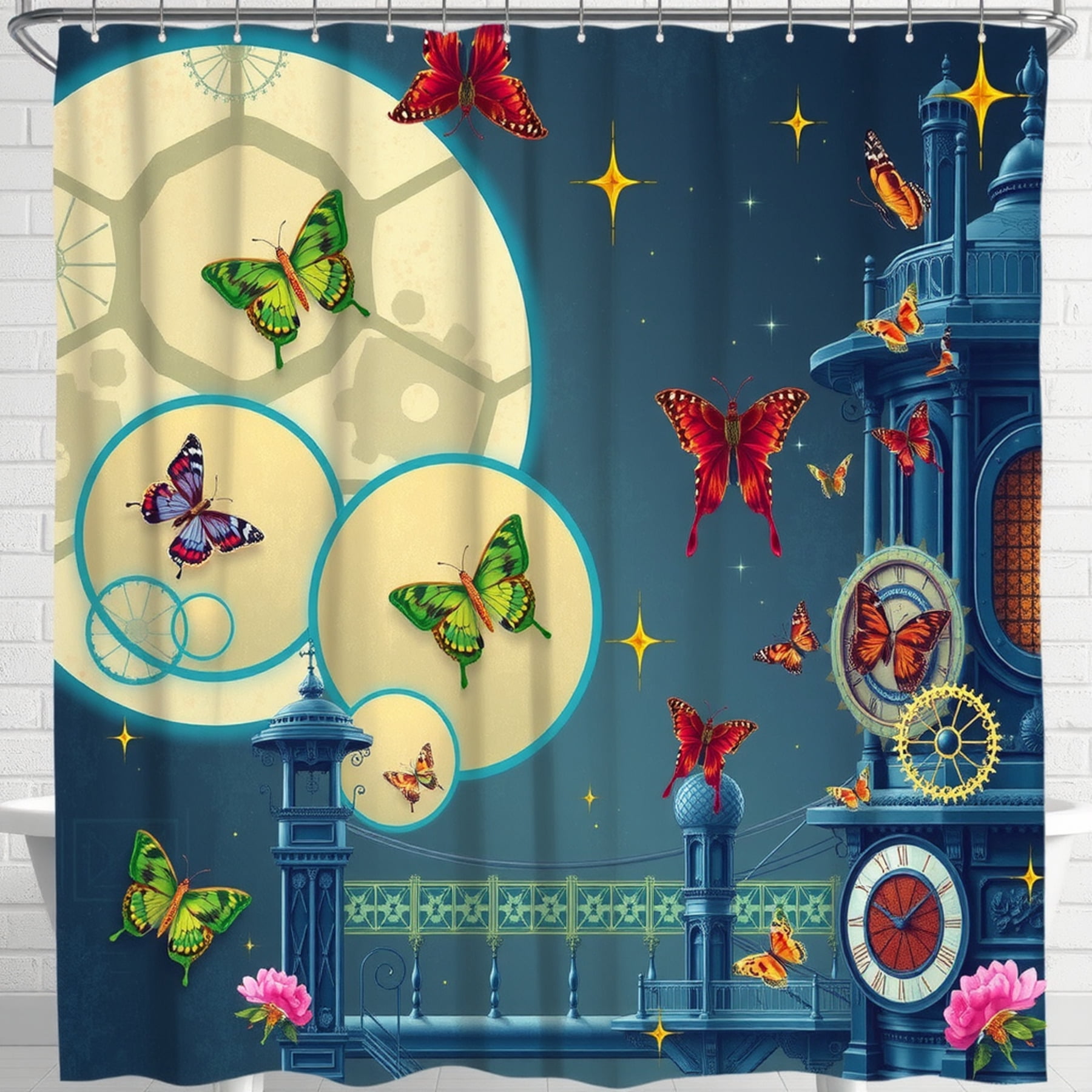Whimsical Fantasy Cityscape Shower Curtain - Enchanting Night Sky
