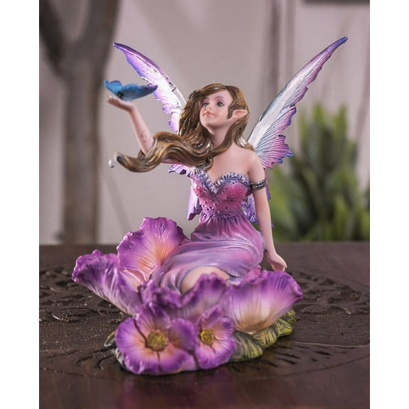 Whimsical Fantasy Fuchsia Pink Flower Fairy With Blue Butterfly Figurine