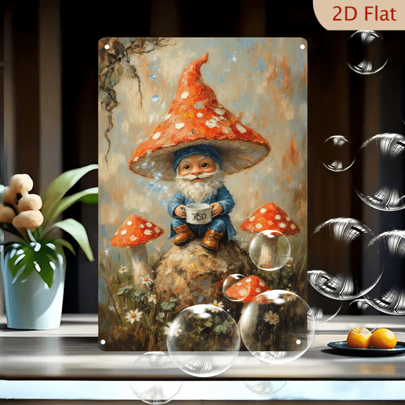 Whimsical Fantasy Gnome with Red Mushroom Hat Sitting on Mossy Rock, 8x12 Inches Metal Wall Art Print for Living Room, Bedroom, Kitchen Decor