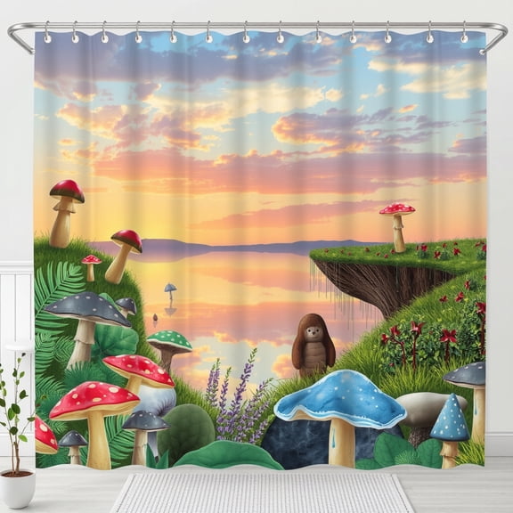 Whimsical Fantasy Landscape Shower Curtain - Serene Sunset & Islands