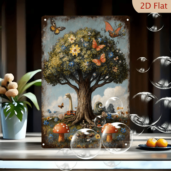 Whimsical Fantasy Tree Art 8x12 Inches Metal Wall Decor, Enchanted Forest with Butterflies, Dinosaur Creatures, Vintage Car, Fairy Tale Garden, Retro Aged Border for Living Room Bedroom