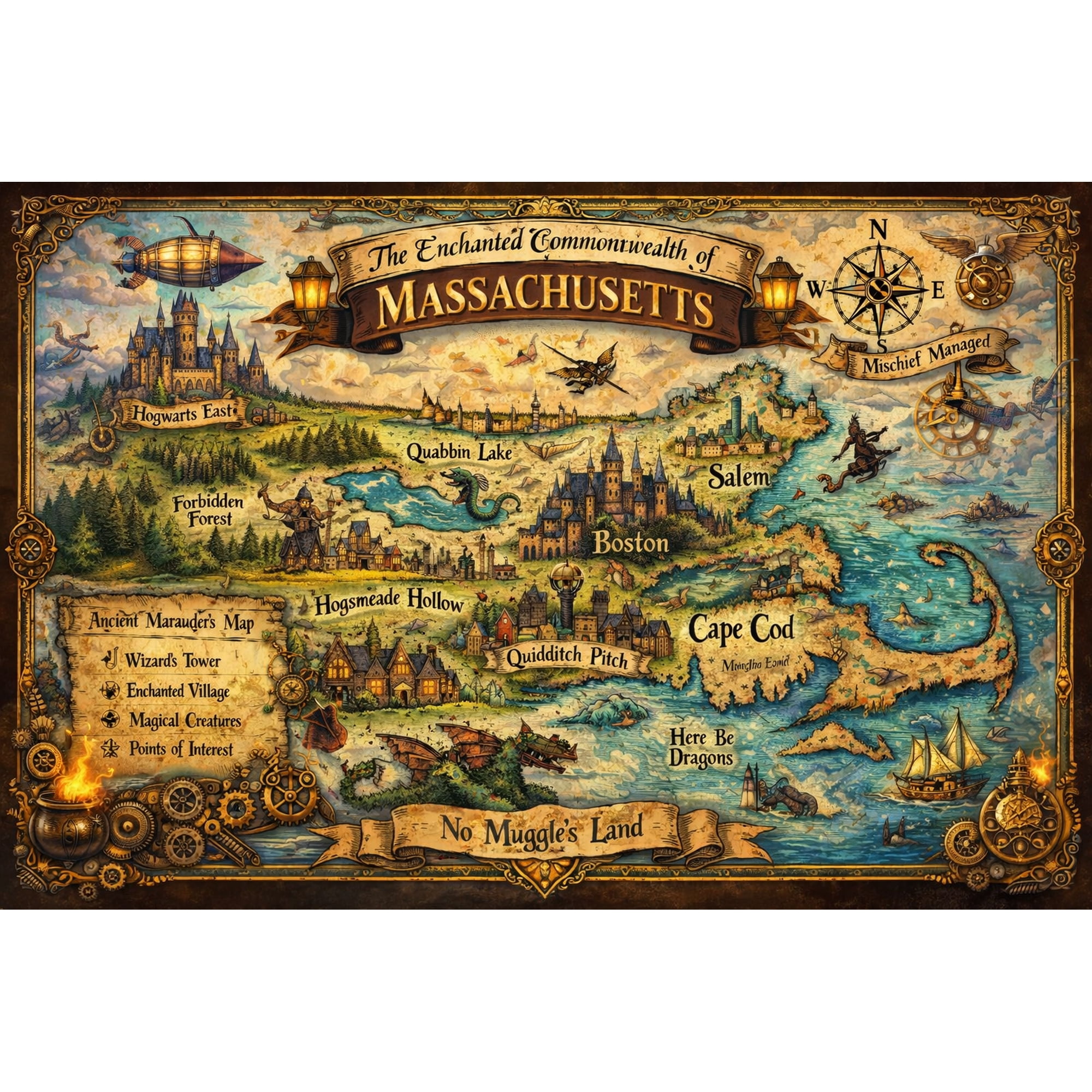 Whimsical Fantasy map of of Massachusetts Map Poster - Fantasy Poster 【Coated Paper】