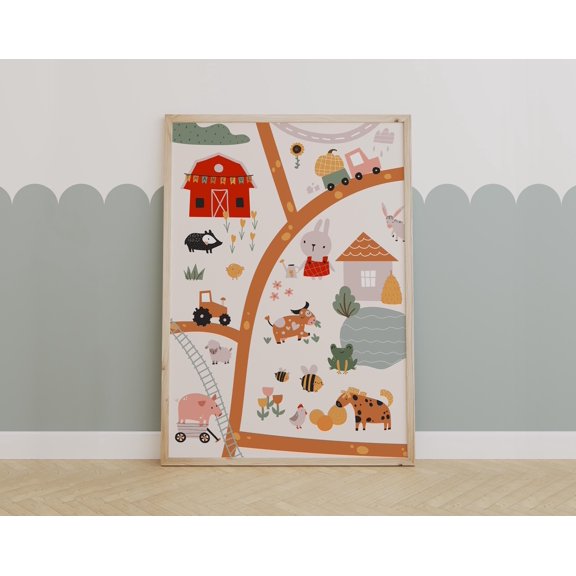 Whimsical Farm Animal Map Wall Art, Educational Farm-Themed Poster, Room Decor, Nursery Country Scene , Poster Print Only
