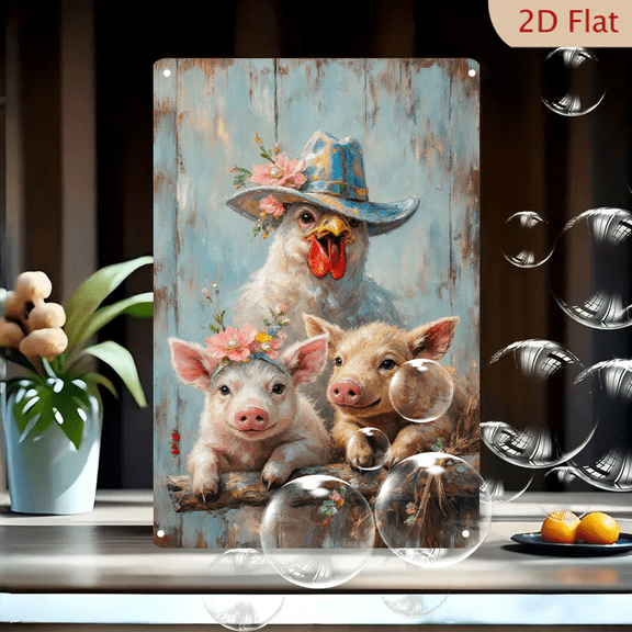 Whimsical Farm Animals Oil Painting Print 8x12in, Cute Chicken in Cowboy Hat and Floral Crowned Piglets on Rustic Blue Wood Background, Pastoral Wall Art for Kitchen or Nursery