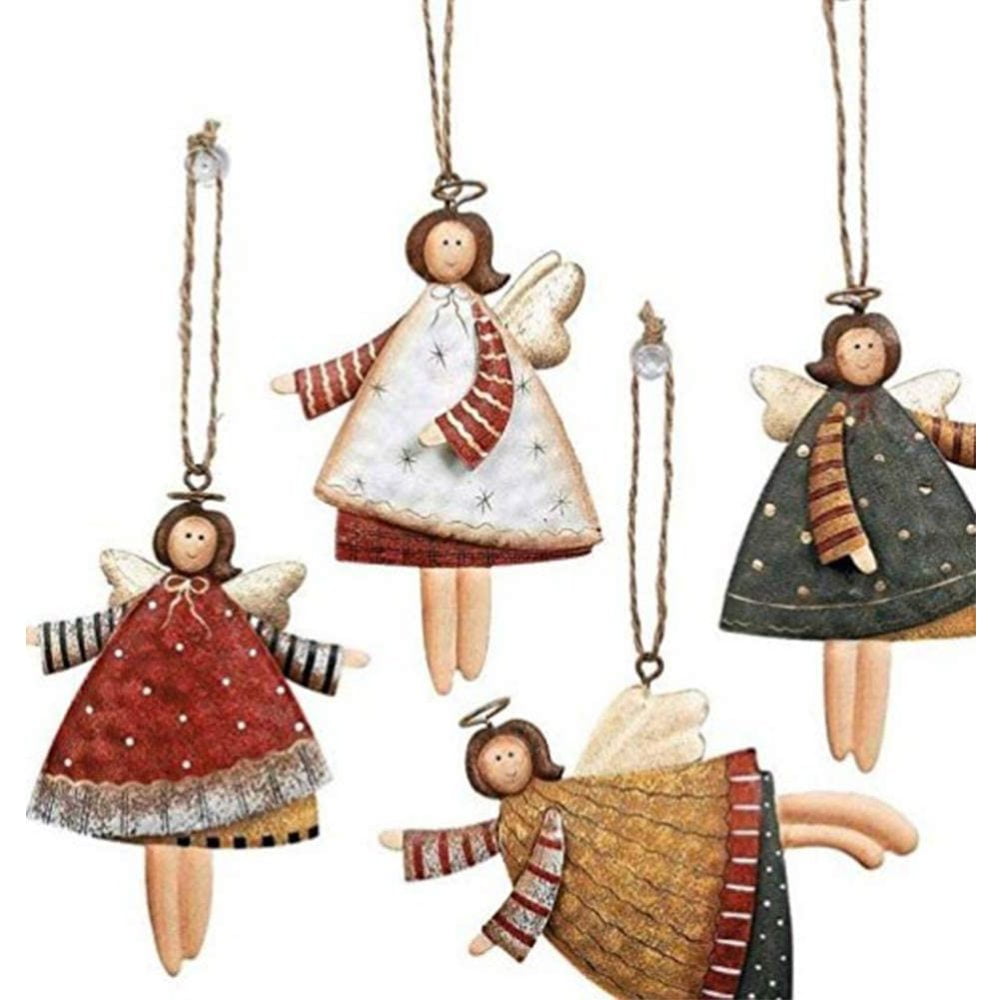 Retro Iron and Wood Christmas Angel Ornament Set