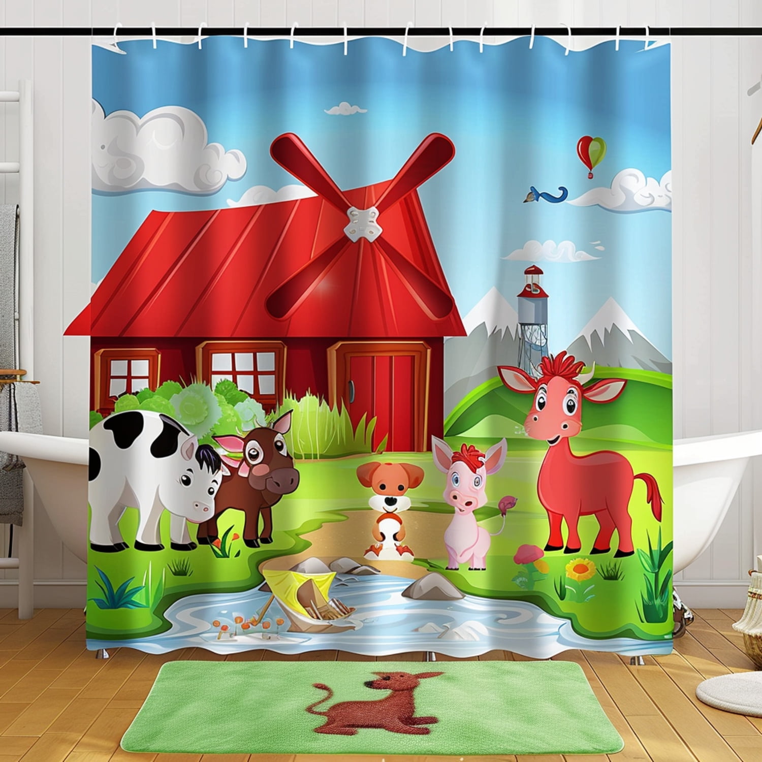 Whimsical Farmyard Fun Shower Curtain Set Adorable Animals Colorful