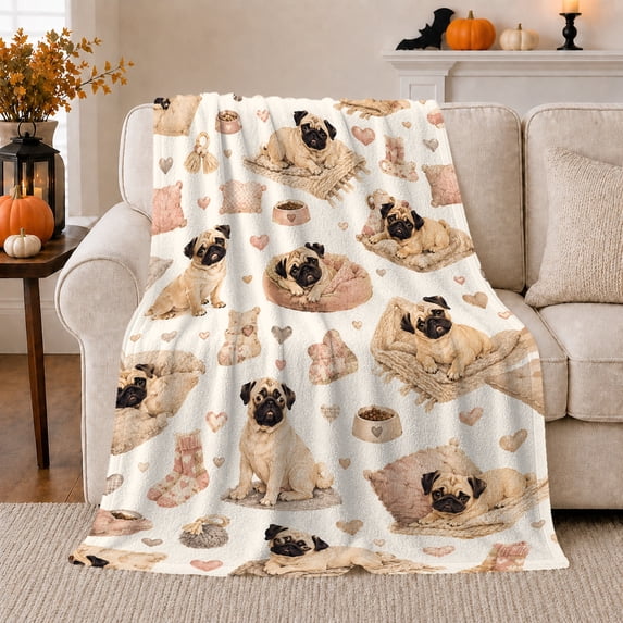 Whimsical Fawn Pug Collage Off-White Quilted Background, Playful Pet Portrait Pattern, Warm Flannel Blanket for Living Room and Bedroom, Dog Lovers Just Because Gift, Pet Lover Home Decor