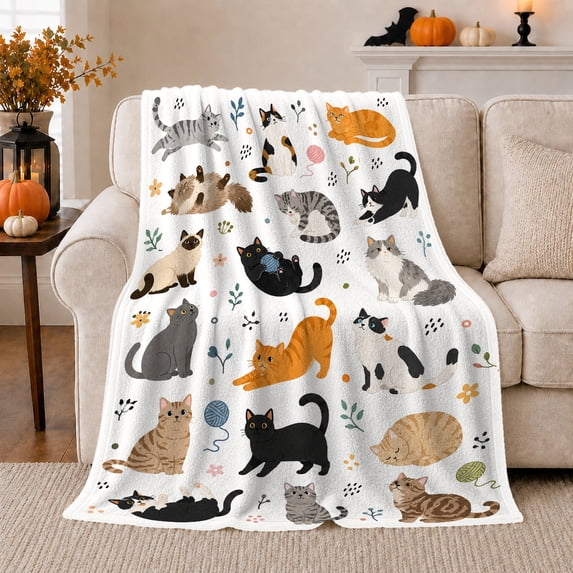 Whimsical Feline Friends Painted White Cat Enthusiast, Playful Pet Portrait Pattern, Warm Flannel Blanket for Living Room and Reading Nook, Cat Lovers Friendship Gift, Pet Lover Home Decor