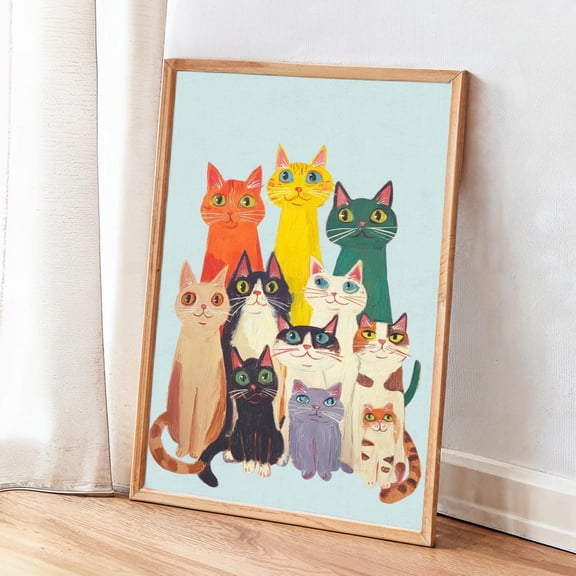 Whimsical Feline Print For Home Decor, Colorful Cat Print, Maximalist Wall Art Home Decor #1039, Unframed Canvas Size 12x18