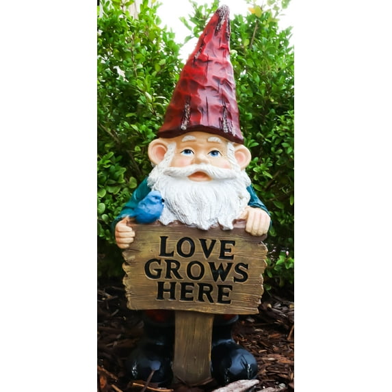 Whimsical Festive Garden Mr Gnome And Bluebird With Love Grows Here Sign Statue