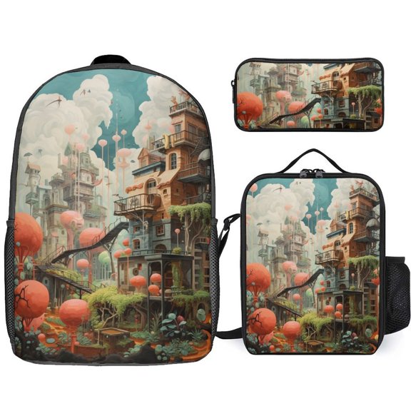 Whimsical Floating Cityscape Backpack Bookbag Students Bags S Rucksack Lunch Bag Pen Bag Three-Piece Set