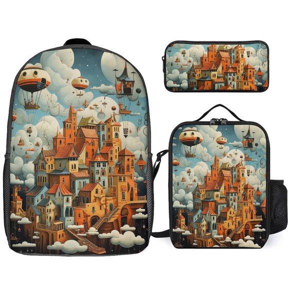 Whimsical Floating Sky City 3pcs/Set Bags Laptop Daypack Backpack Lunch Bag Pencil Case